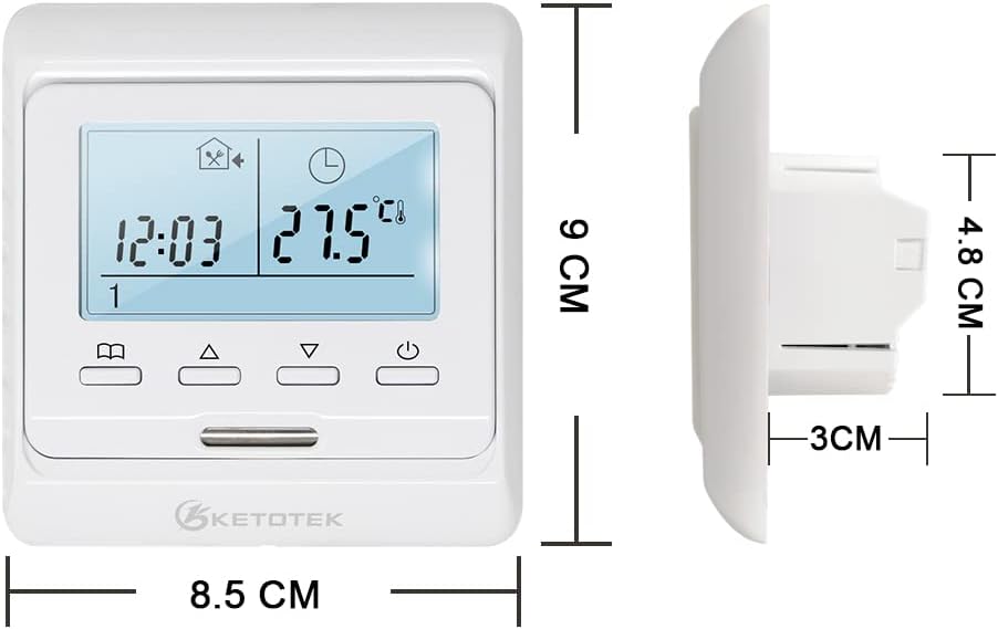 KETOTEK Programmable Underfloor Heating Thermostat Digital Manual Room Thermostats Electric Floor Heating Controller with 3m Probe Sensor 16A LCD Weekly Programming