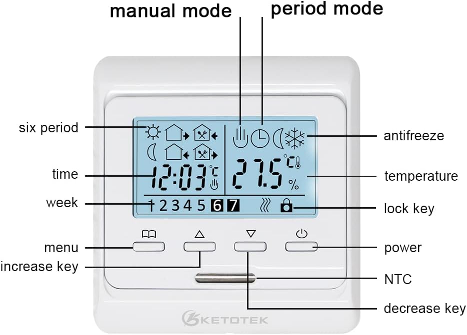 KETOTEK Programmable Underfloor Heating Thermostat Digital Manual Room Thermostats Electric Floor Heating Controller with 3m Probe Sensor 16A LCD Weekly Programming